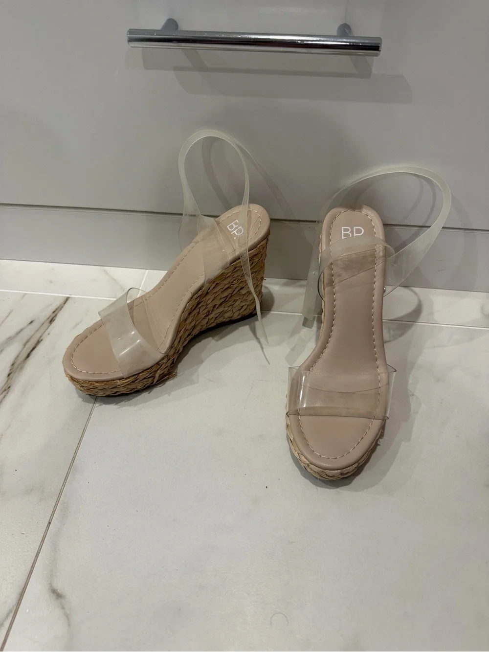 bp Clear Strap Wedge Sandals in Beige with Woven Platform